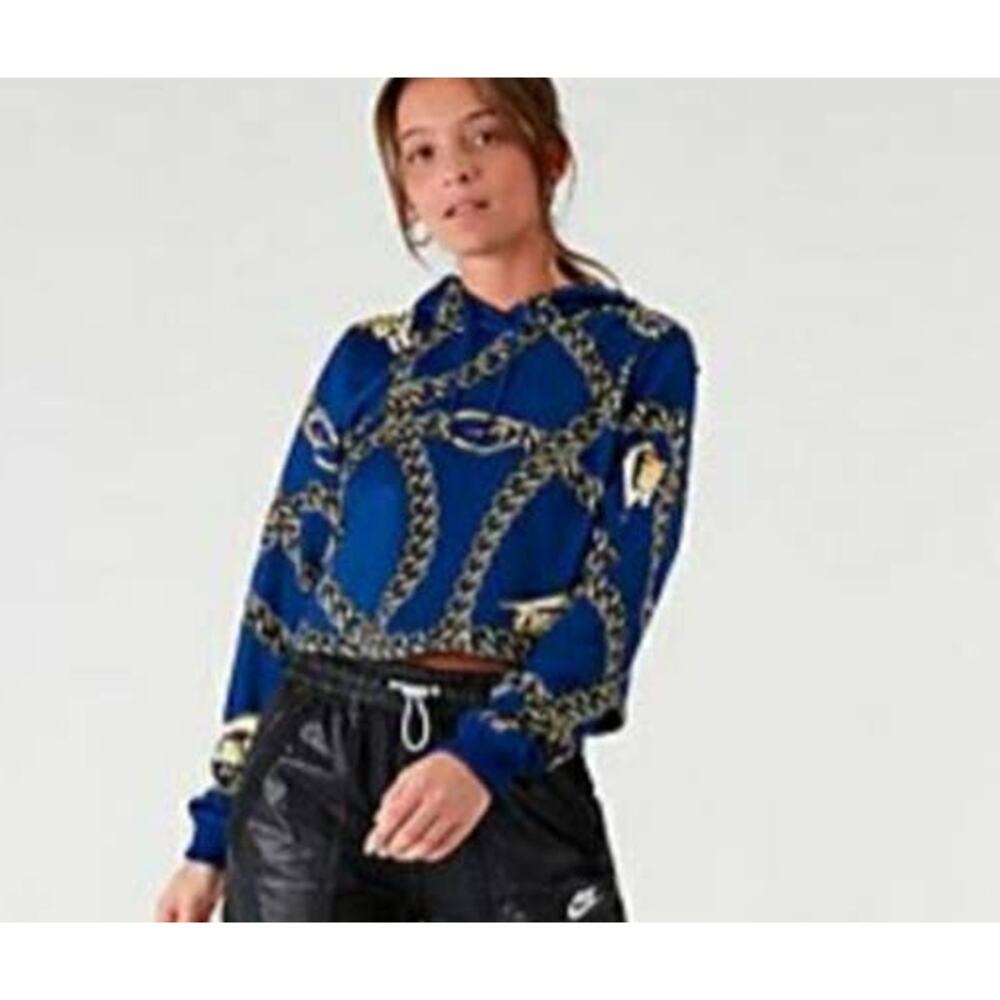 Nike GLAM Dunk Crop Pop Art Blue Gold Chain Sweatshirt Hoodie sz Small NEW